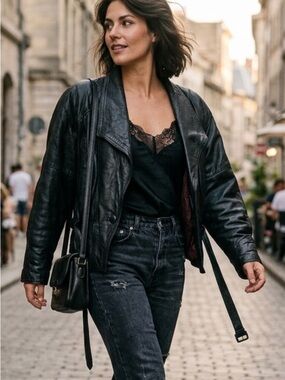 Classic Black Leather Jacket for Women Vera Belle made in Italy